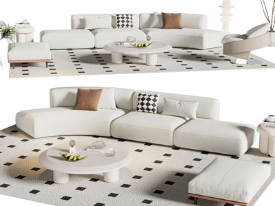 现代奶油风弧形多人沙发 沙发凳子和茶几组合