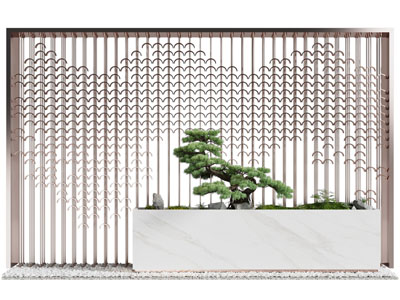 新中式景墙 松树 石头室内景观园艺小品