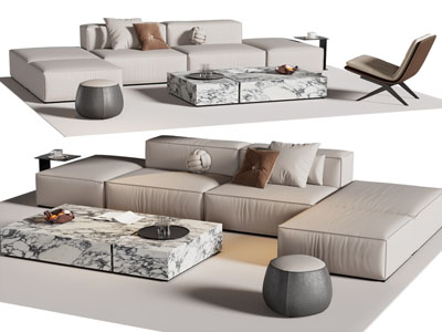 现代转角多人沙发 坐墩 茶几组合