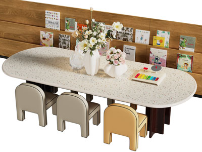 现代椭圆形儿童娱乐桌椅组合 书柜3d模型 现代椭圆形儿童娱乐桌椅组合 书柜