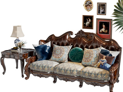 欧式多人沙发 边几 挂画