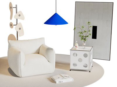 现代奶油风单人沙发 边几 地画