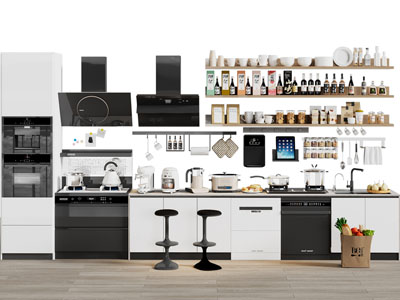 现代厨房电器 调料瓶 厨具 餐具组合3d模型 现代厨房电器 调料瓶 厨具 餐具组合