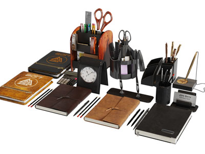 现代笔记本 笔筒 钟表 文具摆件组合