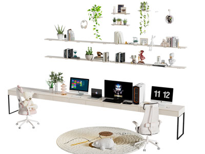 现代加长书桌椅组合 墙面摆件组合3d模型 现代加长书桌椅组合 墙面摆件组合