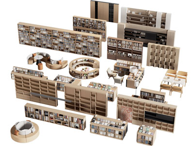 现代书吧 图书馆实木书柜3d模型 现代书吧 图书馆实木书柜