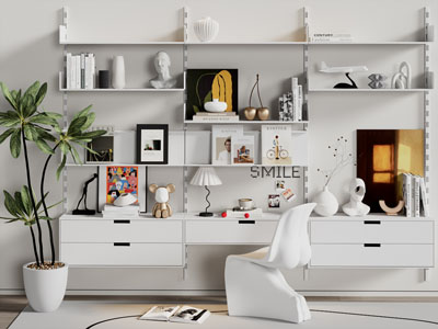 现代墙面书柜 装饰柜 书桌椅子3d模型 现代墙面书柜 装饰柜 书桌椅子