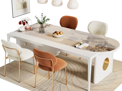 现代奶油风椭圆形餐桌椅组合