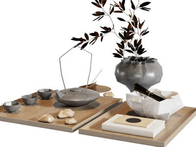 新中式花瓶花卉 托盘 茶壶 杯子 摆件组合