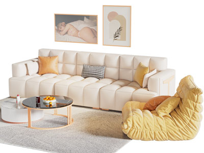 现代奶油风多人沙发 懒人沙发和茶几组合