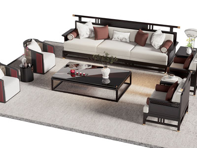 新中式多人沙发 单人沙发和茶几组合