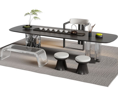 新中式长方形茶桌椅组合