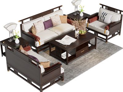 新中式实木边框双人 单人沙发和茶几组合