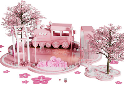 现代樱花 火车美陈 摆件组合 演绎舞台
