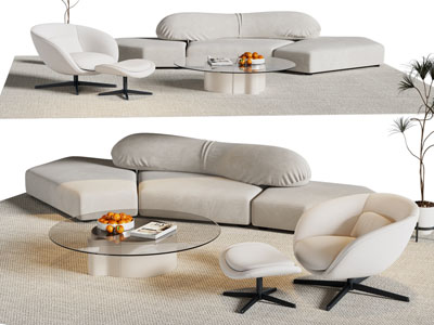 现代奶油风多人沙发 休闲椅子和茶几组合