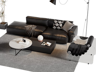 法式皮质多人沙发 休闲椅子和茶几组合