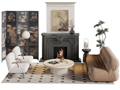 法式多人沙发 茶几和壁炉火炉组合