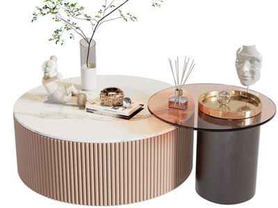 现代圆形拼接大理石 玻璃茶几边几