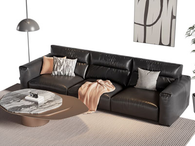 现代黑色多人沙发 茶几组合