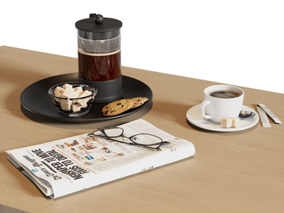 现代咖啡壶 咖啡杯 报纸摆件组合