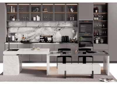 现代整体橱柜 吧台餐桌椅组合