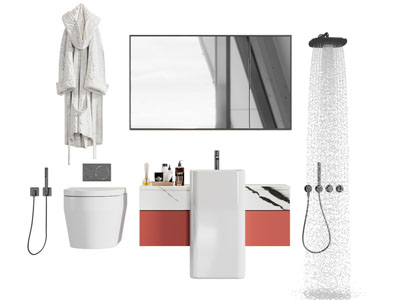 现代洗手台 镜子 浴室柜 马桶 淋浴花洒