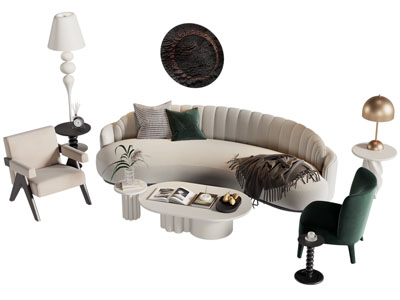 现代弧形多人沙发 休闲椅子和茶几组合