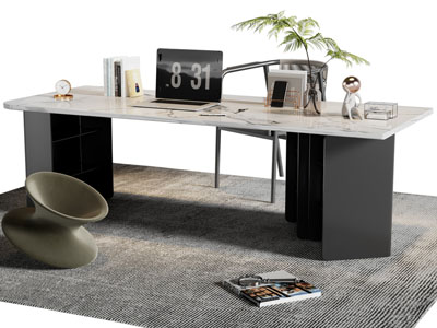 现代长方形大理石书桌椅组合3d模型 现代长方形大理石书桌椅组合