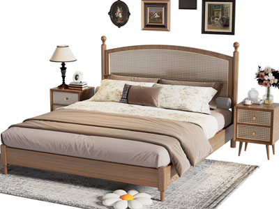 北欧中古风双人床 床头柜