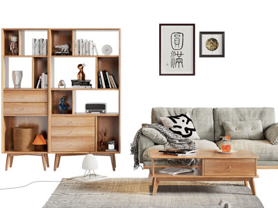 新中式双人沙发 书柜 茶几组合