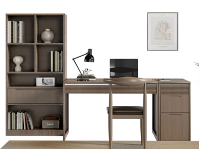 现代中古风书柜 书桌椅组合3d模型 现代中古风书柜 书桌椅组合