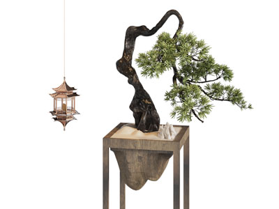 新中式楼台亭阁吊灯 松树盆景盆栽