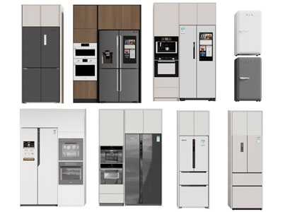 现代嵌入柜体的电冰箱 烤箱 咖啡机3d模型 现代嵌入柜体的电冰箱 烤箱 咖啡机