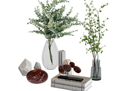 现代玻璃花瓶花卉 书本 摆件组合