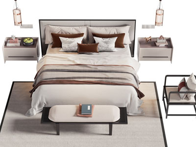 新中式双人床 床头柜 休闲椅子