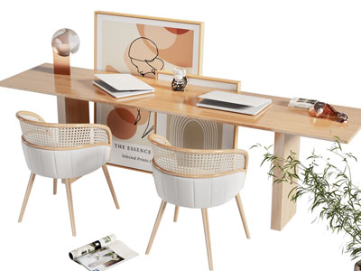 现代实木长方形书桌椅组合3d模型 现代实木长方形书桌椅组合