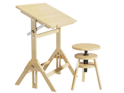 工业风loft实木美术桌 绘图桌 圆凳3d模型 工业风loft实木美术桌 绘图桌 圆凳