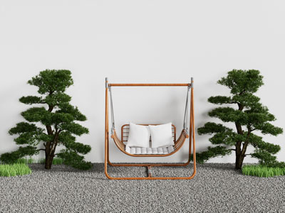 新中式庭院松树 秋千吊椅 景观园艺小品