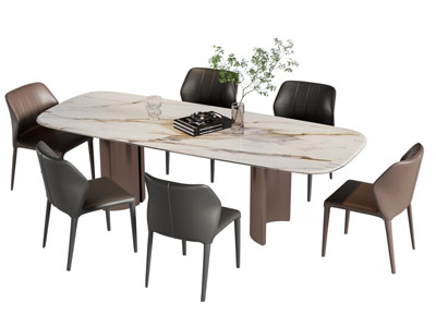 现代圆角长方形餐桌椅组合