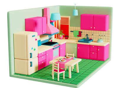 现代卡通厨房 整体橱柜 餐桌椅组合