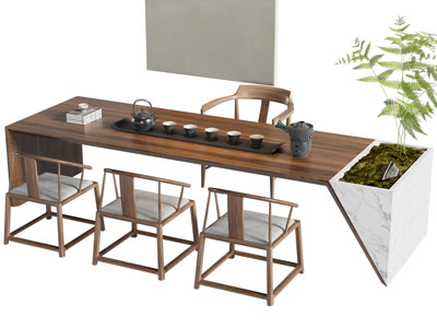 新中式长方形茶桌椅组合