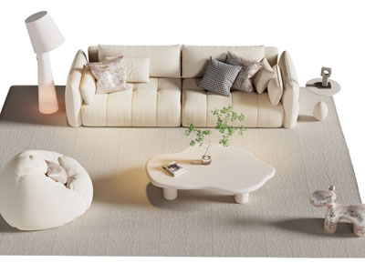 现代奶油风双人沙发 懒人沙发和茶几组合