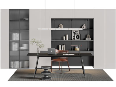 现代书桌椅组合 书柜3d模型 现代书桌椅组合 书柜