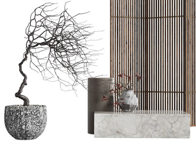 新中式栅格屏风 陶艺花瓶花卉