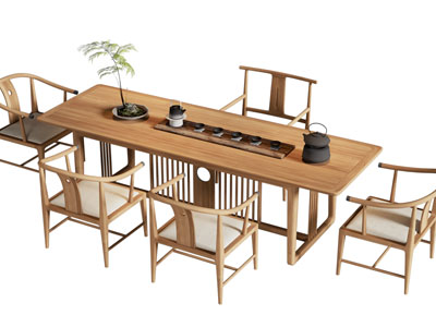 新中式长方形茶桌椅组合