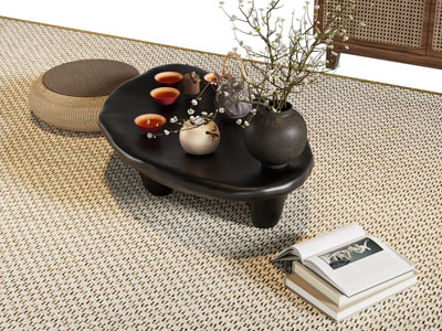 侘寂风异形茶几 蒲团 地毯