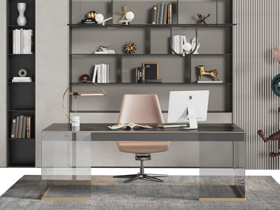 现代书桌椅组合 书柜3d模型 现代书桌椅组合 书柜