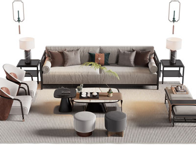 新中式多人沙发 沙发凳子和茶几组合