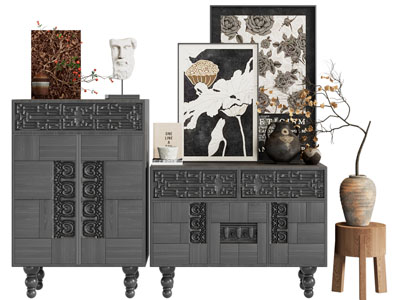 新中式玄关柜 边柜 装饰画3d模型 新中式玄关柜 边柜 装饰画