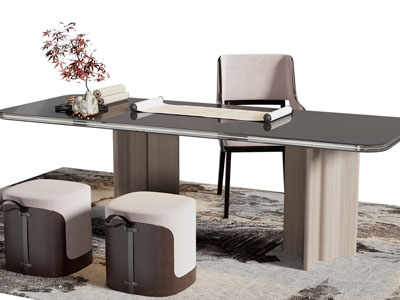 新中式书桌椅组合3d模型 新中式书桌椅组合